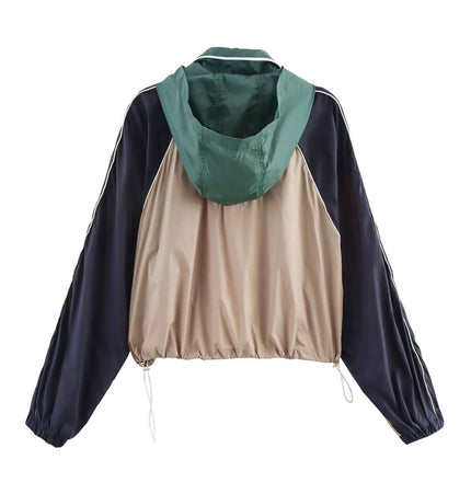 Back view of the Color Block Jacket and Long Pants Set showcasing the trendy two-tone design and stylish hood.