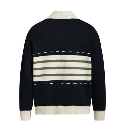 Color-Block Knit Stand Collar Cardigan featuring a stylish striped jacquard pattern and a relaxed fit.