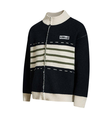 Color-Block Knit Stand Collar Cardigan featuring a striped jacquard pattern and stand-up collar for added warmth.