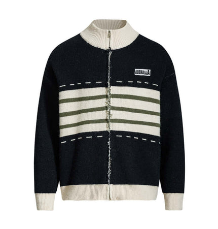 Color-Block Knit Stand Collar Cardigan in black and cream with green stripes and stand-up collar