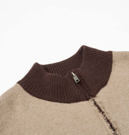Color-Block Knit Stand Collar Cardigan featuring a stand-up collar and zipper detail in warm colors.