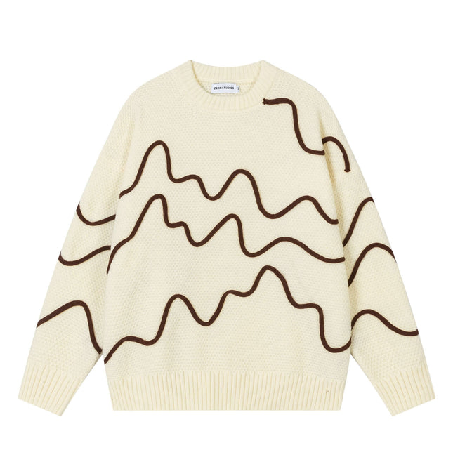 Color Block Line Knit Sweater – Loose Fit featuring wavy line design in cream and brown.