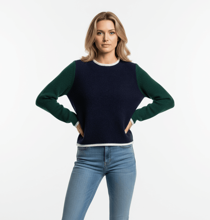 Color Block Patchwork Knit Sweater worn by a woman showcasing a modern street fashion style.