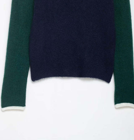 Color Block Patchwork Knit Sweater with green and navy color-blocked design, featuring a classic round neckline and long sleeves.