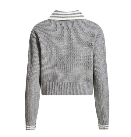 Back view of Color-Block Polo Collar Knit Pullover with a stylish cropped design and modern striped collar.