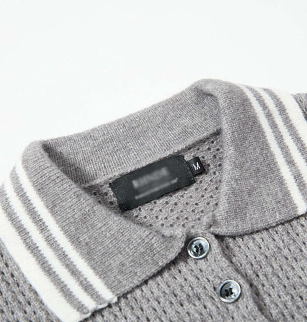 Close-up of Color-Block Polo Collar Knit Pullover showcasing the textured fabric and collar details.