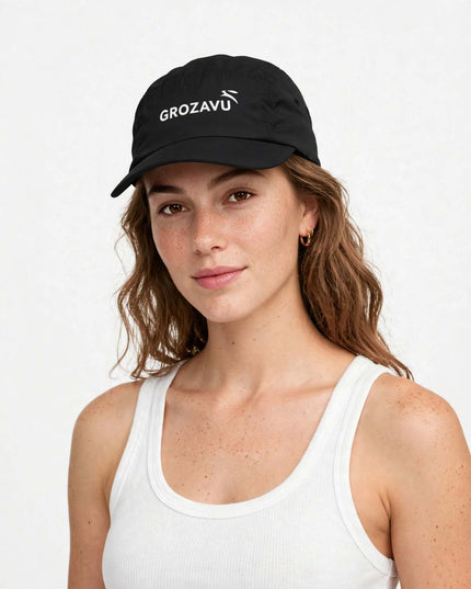 Portrait in the black quick-dry nylon five-panel cap