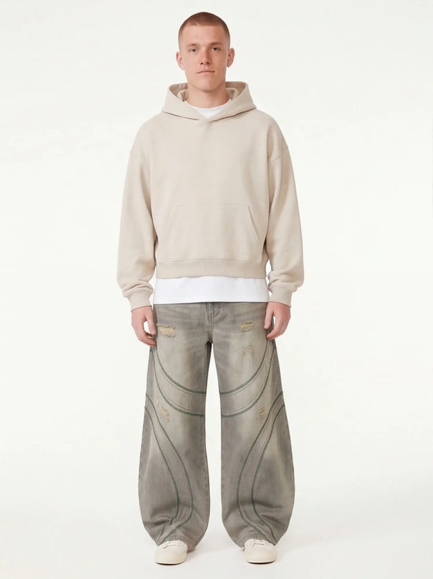 Chalk Denim Profile — close-up of the fabric texture and seam construction in the neutral colourway