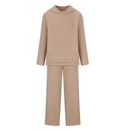 Cotton Blend Two-Piece Sports Set in beige color, featuring a stylish hoodie top and matching bottoms for casual wear.