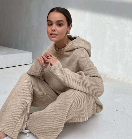 Cotton Blend Two-Piece Sports Set featuring a woman in a beige hoodie and matching bottoms, ideal for autumn winter casual wear.