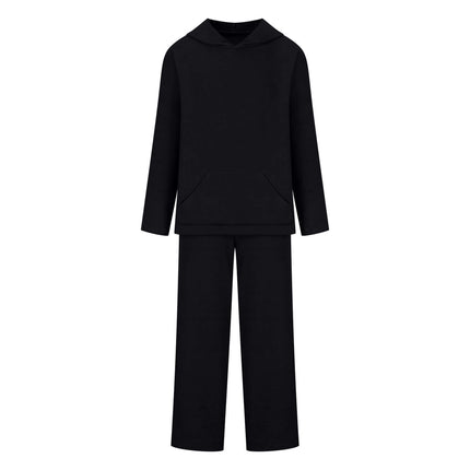 Cotton Blend Two-Piece Sports Set featuring a black hoodie and matching bottoms for casual wear.