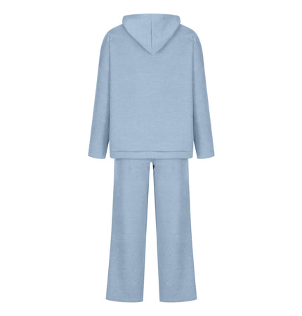Cotton Blend Two-Piece Sports Set featuring a light blue hoodie and matching bottoms for casual autumn and winter wear.