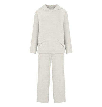 Cotton Blend Two-Piece Sports Set featuring a cozy hoodie and matching bottoms in a light color for autumn and winter fashion.