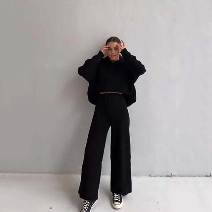 Cotton Blend Two-Piece Sports Set featuring a stylish black hoodie and matching bottoms, ideal for autumn and winter wear.