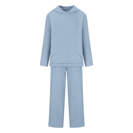 Cotton Blend Two-Piece Sports Set in light blue featuring a hoodie and matching bottoms for casual autumn and winter wear.