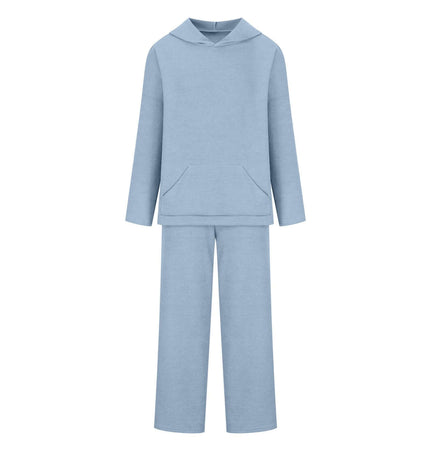 Cotton Blend Two-Piece Sports Set in light blue featuring a hoodie and matching bottoms for casual autumn and winter wear.