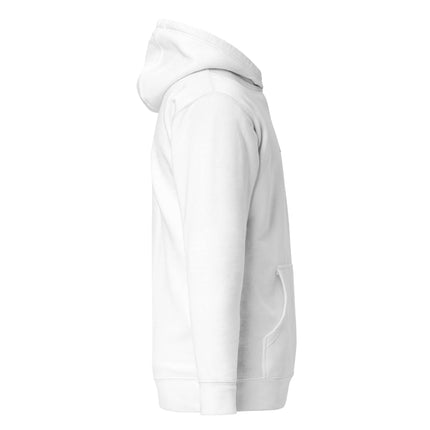 Grozavu Hoodie in white, showcasing side view with a warm hood and front pouch pocket.