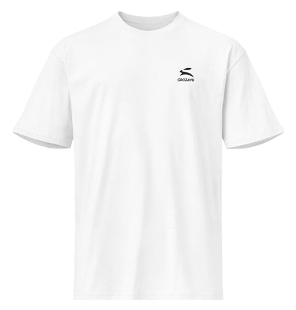 Cotton Heritage MC1082 Premium Tee in white color featuring Grozavu logo on the chest.