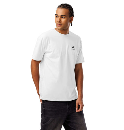 Cotton Heritage MC1082 Premium Tee on a model in white, showcasing ultra-soft ring-spun cotton and tailored fit.