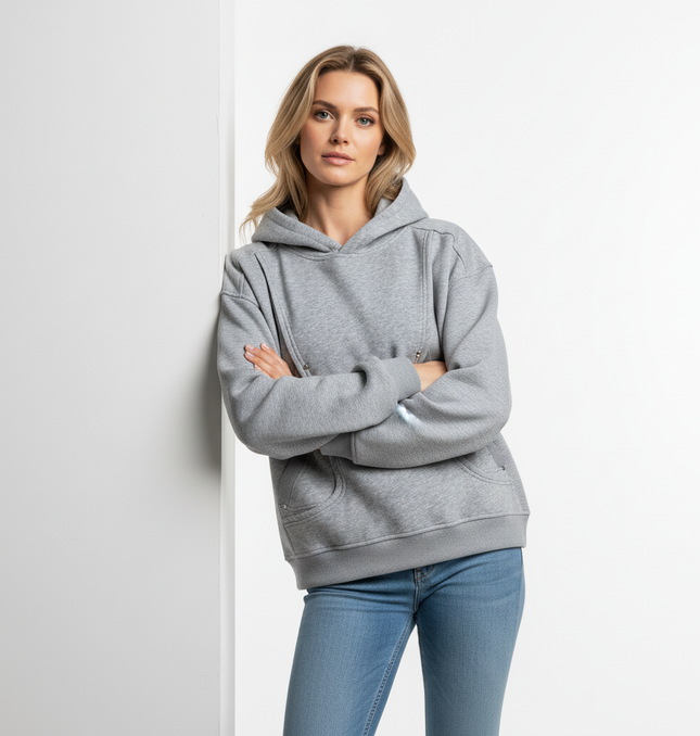 Cotton Loose Fit Hoodie Sweatshirt modeled by a woman, styled with a casual outfit, standing against a white wall.