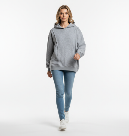 Cotton Loose Fit Hoodie Sweatshirt in gray worn by model walking, showcasing casual streetwear style.