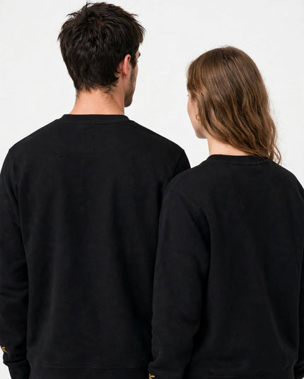 Back view of the black 350 g/m² brushed fleece logo crewneck
