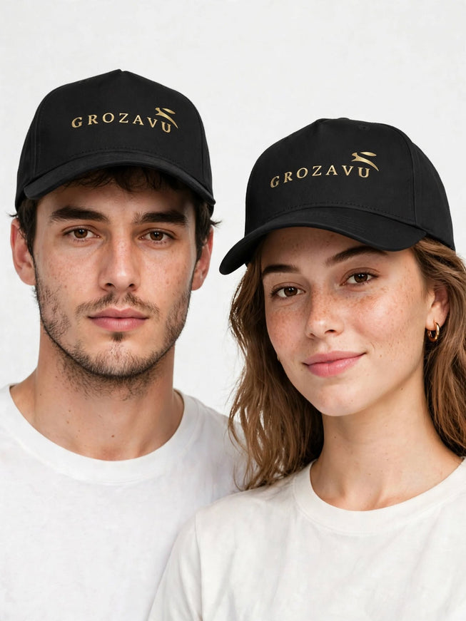 Black structured snapback cap in cotton twill, studio shot