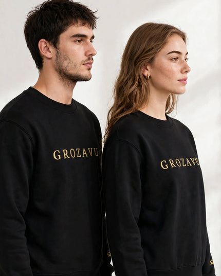 Two models in the black logo crewneck with the name across the chest