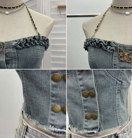 Denim Buckle Strapless Slim Fit Tank Top features ruffled edges and stylish buttons for a chic look.