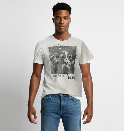 Creative Letter Print TShirt – Clean Fit worn by a model showcasing a stylish relaxed street look.