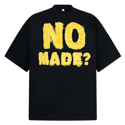 Creative Letter Print TShirt – Loose Fit featuring playful flocked lettering in vibrant yellow on a black background.