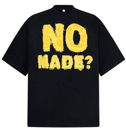 Creative Letter Print TShirt – Loose Fit featuring playful flocked lettering in vibrant yellow on a black background.