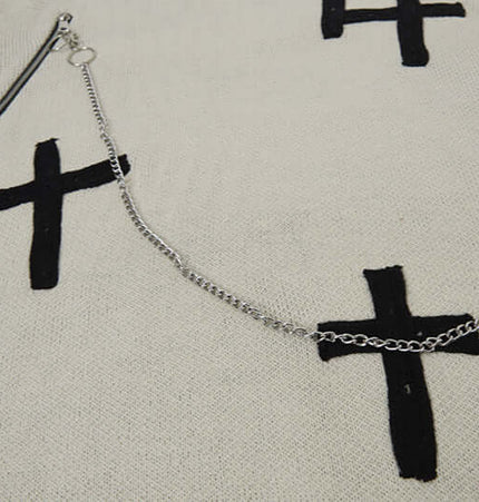 Grozavu Cross Jacquard Knit Sweater – Loose Fit featuring silver chain on fabric with cross patterns.