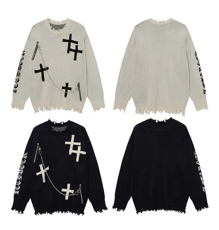 Cross Jacquard Knit Sweater – Loose Fit in beige and black with unique cross patterns and fringe hem.