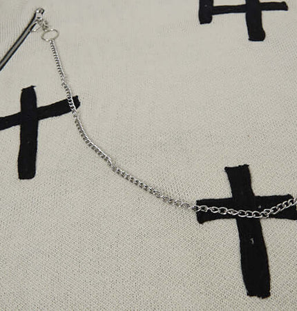 Cross Jacquard Knit Sweater – Loose Fit featuring bold cross patterns and a stylish chain detail.