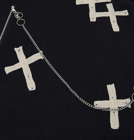 Cross Jacquard Knit Sweater – Loose Fit with cross design and silver chain detail