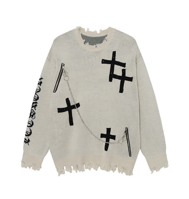 Cross Jacquard Knit Sweater – Loose Fit featuring a bold cross design and frayed edges for a modern street style.