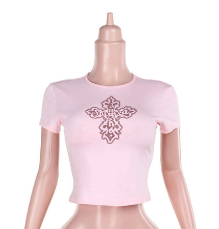 Cross Print Crop TShirt - Slim Fit in pink with round neckline and short sleeves on mannequin.