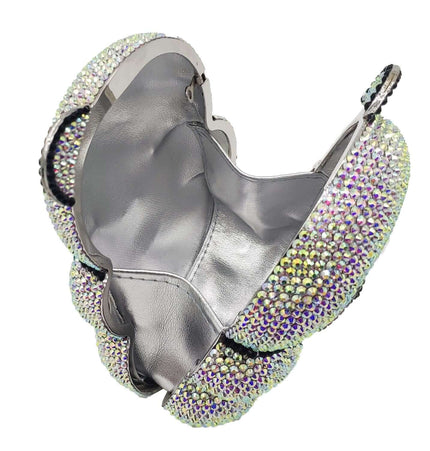 Interior view of the Crystal Bear Evening Party Bag, showcasing the sparkling rhinestone decoration and sleek silver lining.