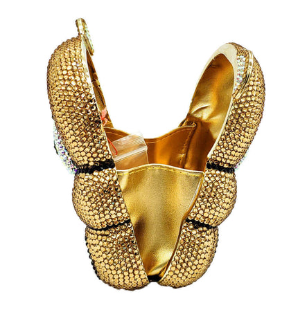 Crystal Bear Evening Party Bag in gold with sparkling rhinestones and a shiny interior.