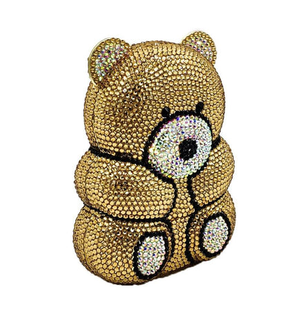 Crystal Bear Evening Party Bag adorned with shimmering gold rhinestones, perfect for elegant occasions.