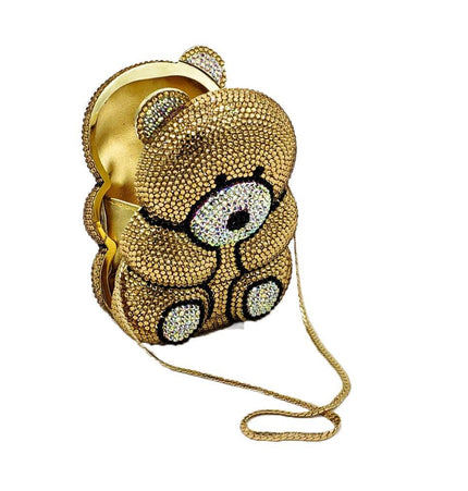 Crystal Bear Evening Party Bag featuring a luxurious gold teddy bear design adorned with sparkling rhinestones.