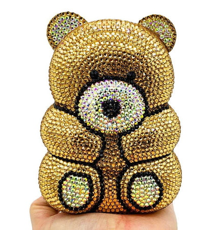 Crystal Bear Evening Party Bag with sparkling gold rhinestones, perfect for weddings and special occasions.