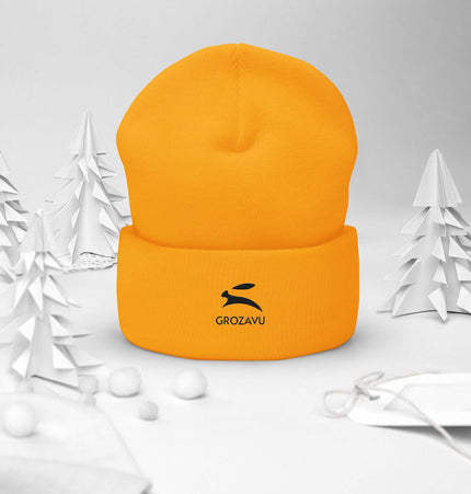 Cuffed Beanie in bright yellow with GROZAVU logo surrounded by white paper trees.