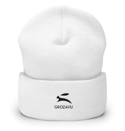 Cuffed Beanie in white with black GROZAVU logo, a stylish and warm accessory for any wardrobe.