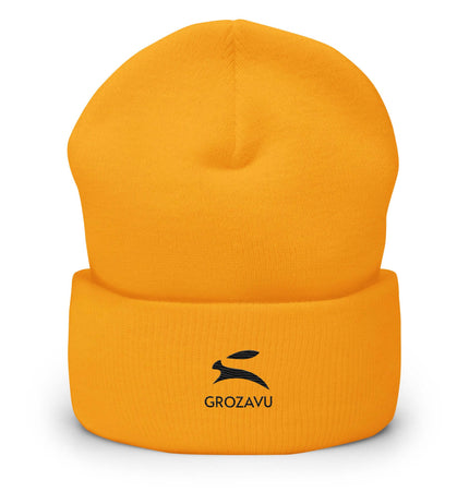 Bright yellow Cuffed Beanie featuring a logo, perfect for style and warmth in any wardrobe.