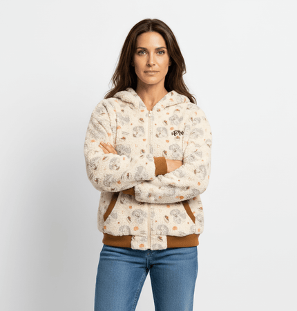 Bunny Ears Hooded Coat – Loose Fit modeled by a woman, showcasing its cozy, playful design with unique patterns.