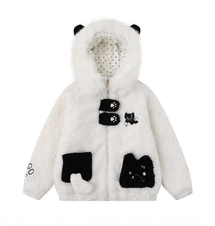 Shearling Collar Cotton Winter Coat with cute cartoon patterns and fluffy hood features.