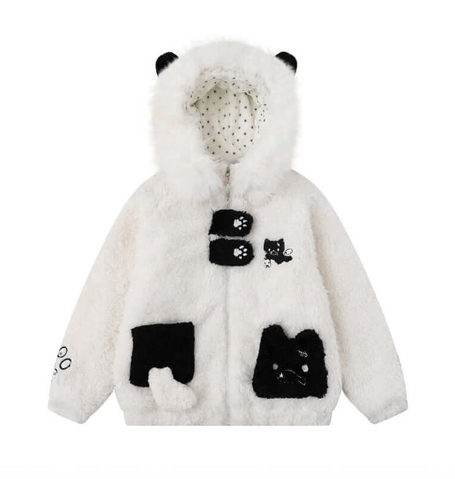 Shearling Collar Cotton Winter Coat with cute cartoon patterns and fluffy hood features.