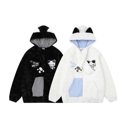 Sherpa Cotton Winter Jacket - Loose Fit featuring black and white designs, cozy hooded style with cute cartoon patterns.